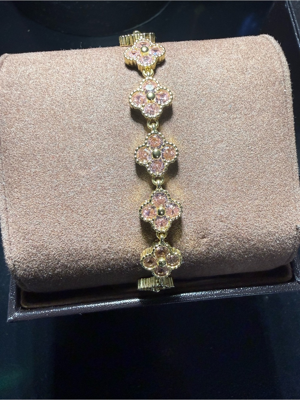 New 14k Gold-Plated Pink Crystal Clover Link Bracelet